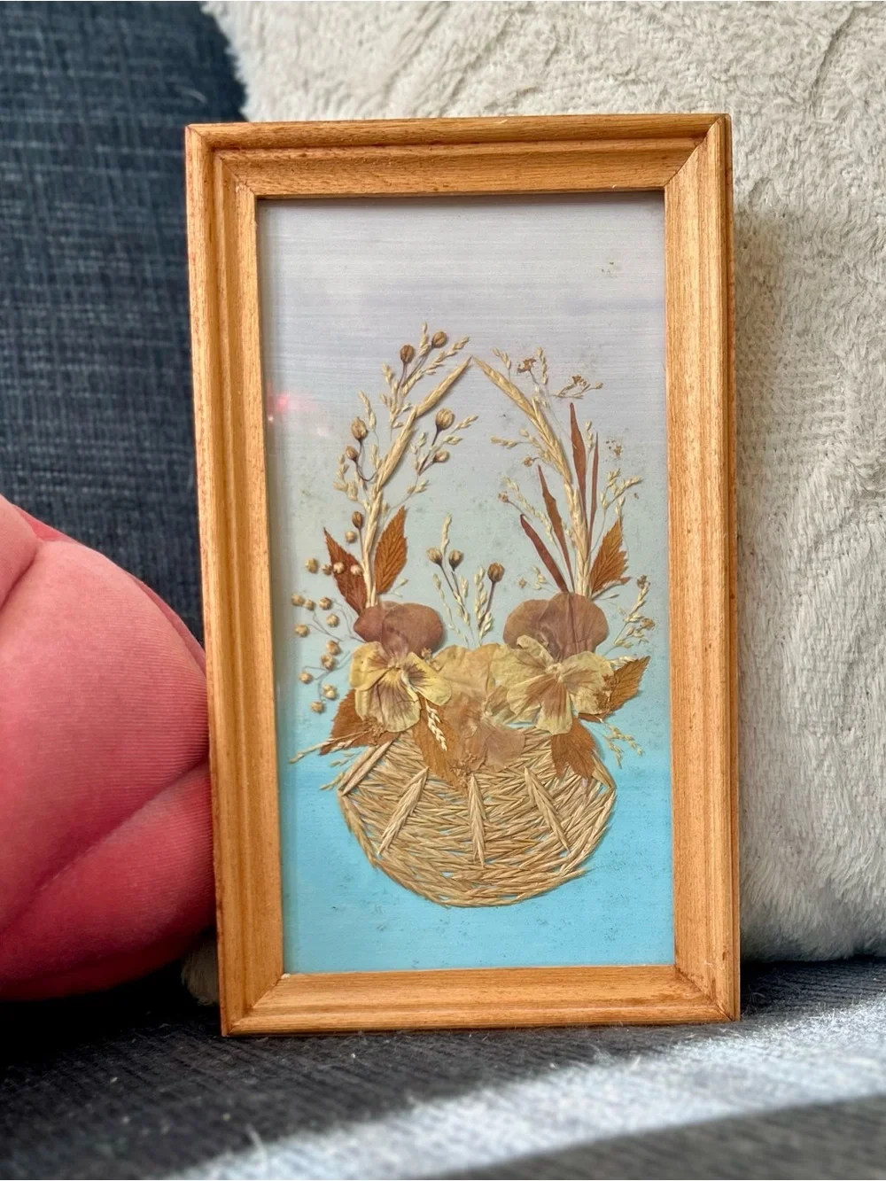 Vintage Handmade Russian Made Dried Pressed Florals Behind Glass Wall Art